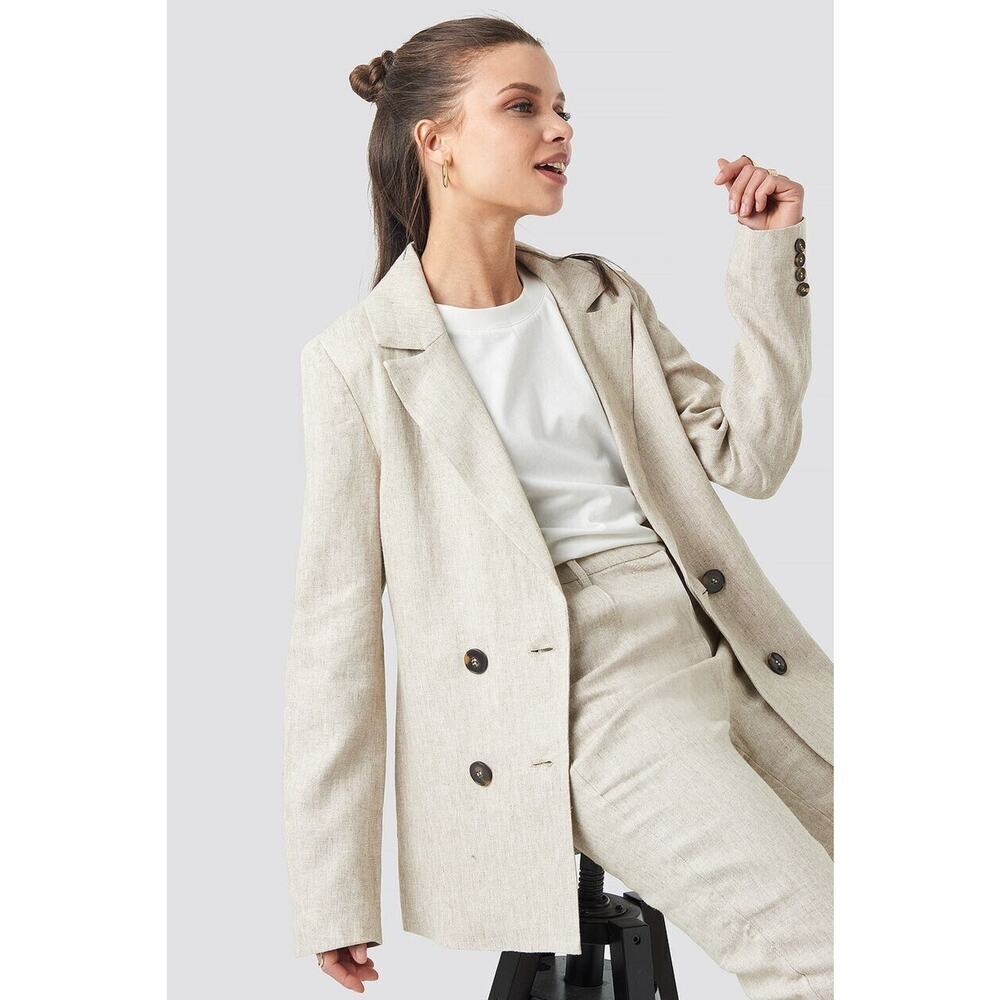 NA-KD Double Breasted Loose fit oversized Linen Blend‎ Blazer Size 36 Small